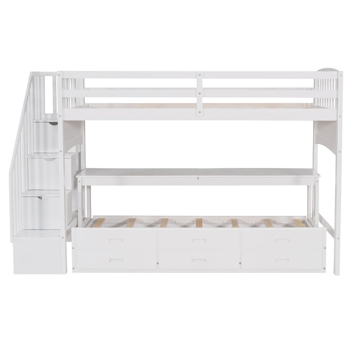 GFD Home - Stairway Twin XL Loft Bed with Twin Size Trundle and 3 Drawers, Storage, Desk, White - GreatFurnitureDeal
