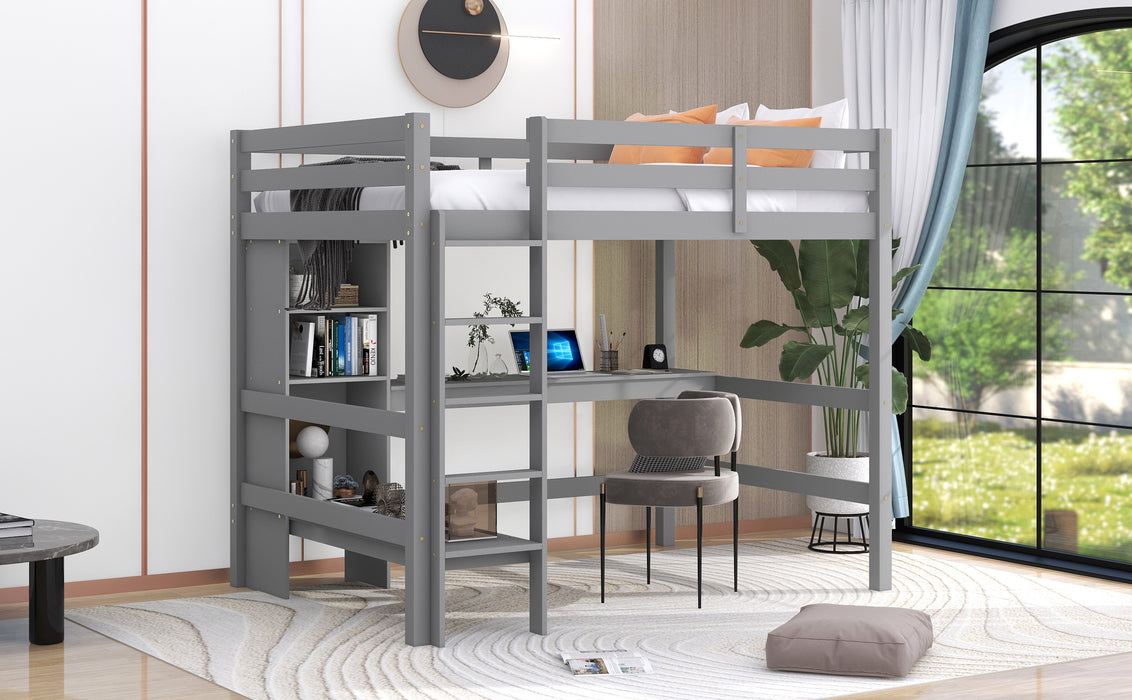 GFD Home - Full Size Loft Bed with Multifunction Shelves and Under-bed Desk, Gray - GreatFurnitureDeal