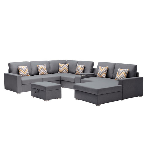 GFD Home - Nolan Gray Linen Fabric 8Pc Reversible Chaise Sectional Sofa with Interchangeable Legs, Pillows, Storage Ottoman, and a USB, Charging Ports, Cupholders, Storage Console Table - GreatFurnitureDeal