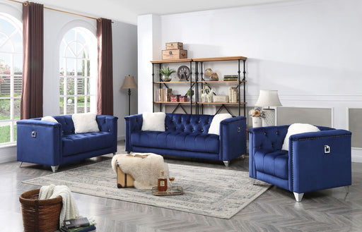 GFD Home - Russell Tufted Upholstery 3 Pc Living Room Set Finished in Velvet Fabric in Blue - GreatFurnitureDeal