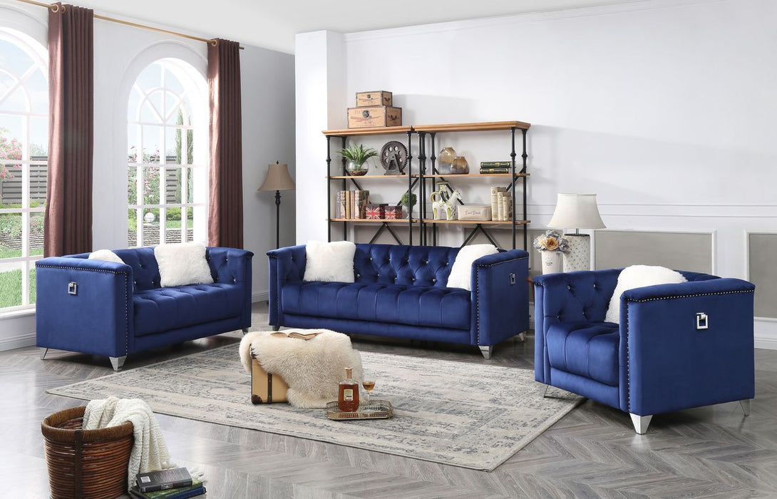 GFD Home - Russell Tufted Upholstery 3 Pc Living Room Set Finished in Velvet Fabric in Blue - GreatFurnitureDeal