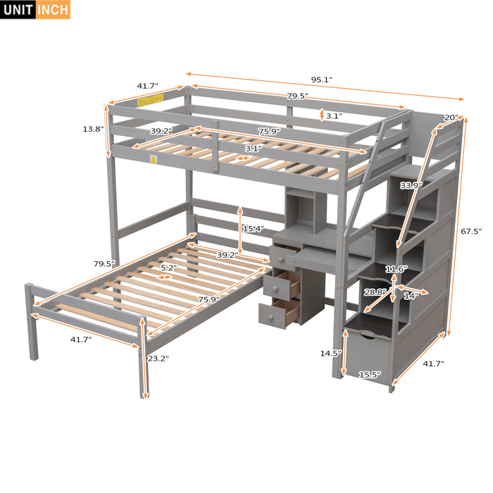 GFD Home - Twin Size Loft Bed with a Stand-alone Bed, Storage Staircase, Desk, Shelves and Drawers, Gray - GreatFurnitureDeal