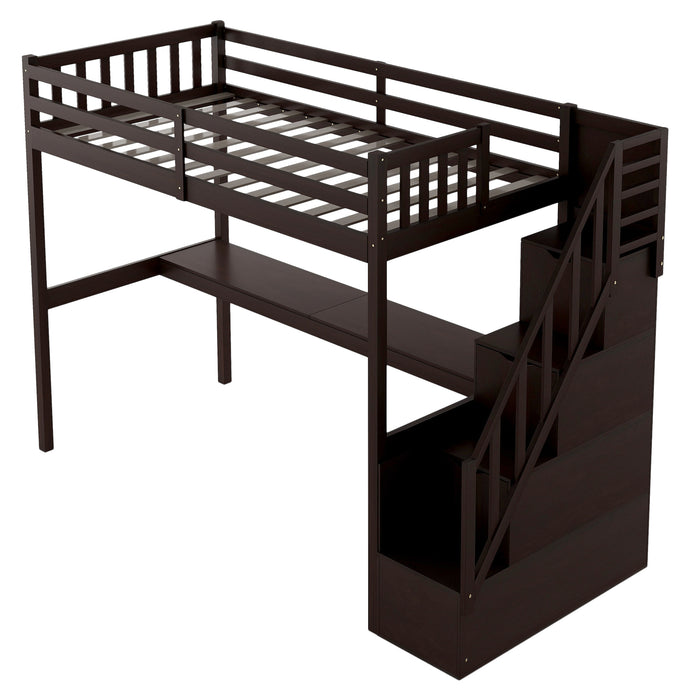 GFD Home - Twin Size Loft Bed with Staircase and Built-in Desk ,Espresso - GreatFurnitureDeal