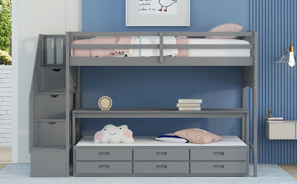 GFD Home - Stairway Twin XL Loft Bed with Twin Size Trundle and 3 Drawers, Storage, Desk, Gray - GreatFurnitureDeal
