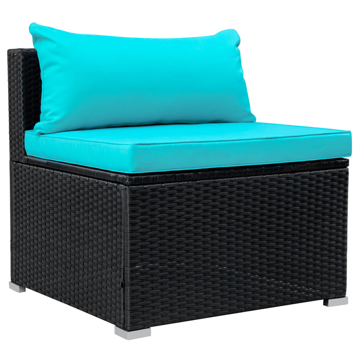 GFD Home - GO 9-piece Outdoor Patio PE Wicker Rattan conversation Sectional Sofa sets with 3 sofa, 3 corner sofa, 2 ottomans, and 1 glass coffee table, removable soft cushions (Black wicker, Blue cushion) - GreatFurnitureDeal