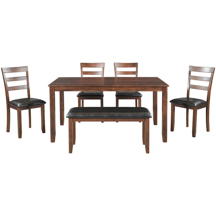 GFD Home - TREXM 6-Piece Kitchen Simple Wooden Dining Table and Chair with Bench, PU Cushion (Walnut) - GreatFurnitureDeal