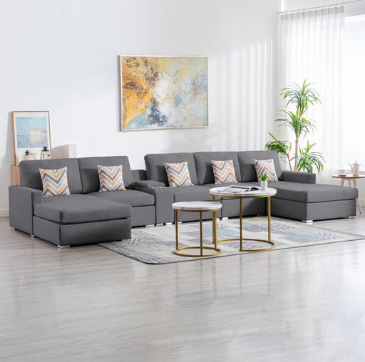 GFD Home - Nolan Gray Linen Fabric 6Pc Double Chaise Sectional Sofa with Interchangeable Legs, a USB, Charging Ports, Cupholders, Storage Console Table and Pillows - GreatFurnitureDeal