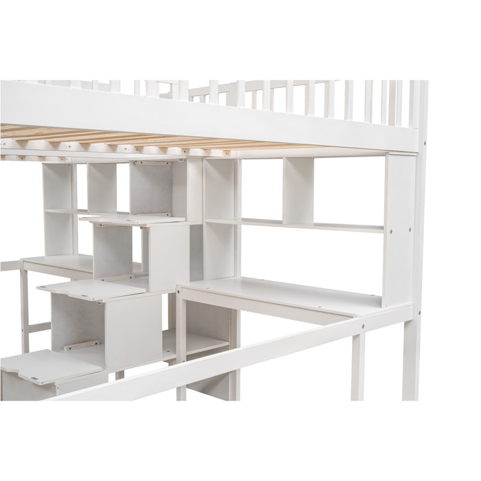 GFD Home - Twin & Twin Size Loft Bed with 2 Built-in Desks and Shelves, Storage Staircase, White - GreatFurnitureDeal