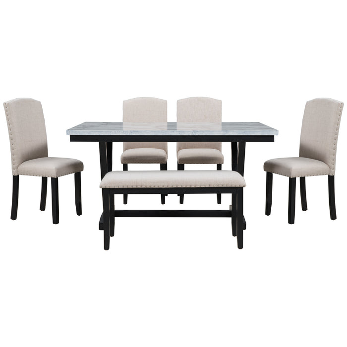 GFD Home - TREXM Modern Style 6-piece Dining Table with 4 Chairs & 1 Bench, Table with Marbled Veneers Tabletop and V-shaped Table Legs (White) - GreatFurnitureDeal