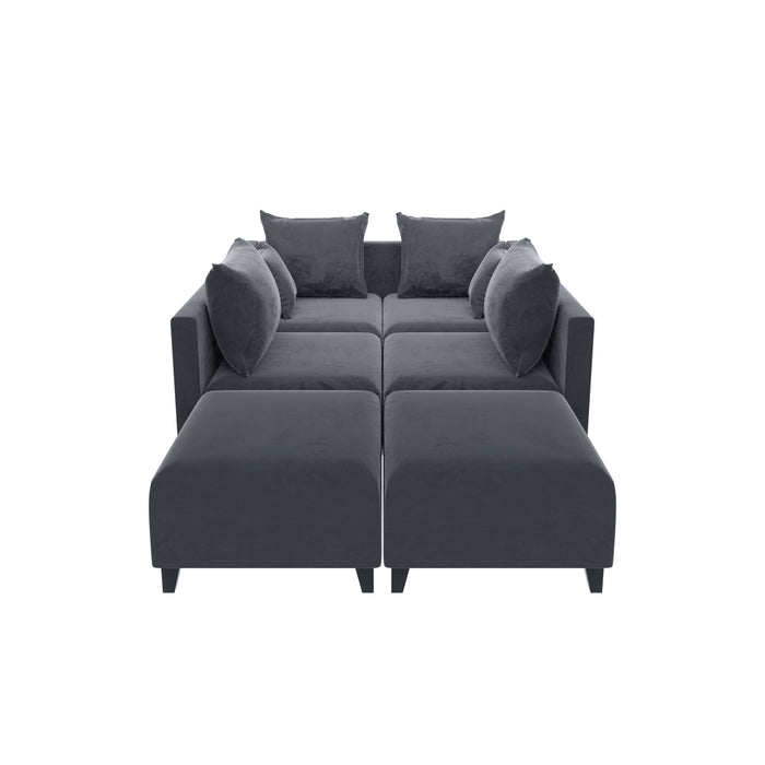 GFD Home - Sectional Sofa U shape Velvet Square Arm Sofa with 6 Pillows for Living Room, Grey - GreatFurnitureDeal