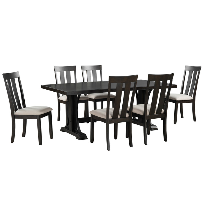 GFD Home - TREXM 7-Piece Retro Style Dining Table Set 78" Wood Rectangular Table and 6 Dining Chairs for Dining Room (Espresso) - GreatFurnitureDeal