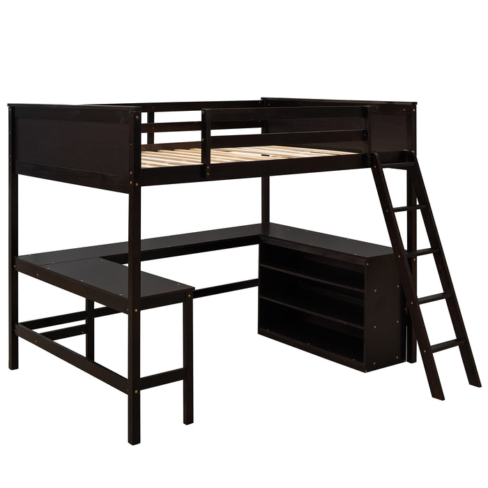 GFD Home - Full size Loft Bed with Shelves and Desk, Wooden Loft Bed with Desk - Espresso - GreatFurnitureDeal