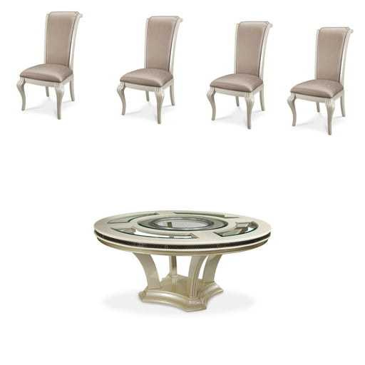 AICO Furniture - Hollywood Swank Modern 5 Piece 72" Round Glass Top Dining Table Set in Pearl Caviar - NT03001-11-NT03003-08-5SET - GreatFurnitureDeal