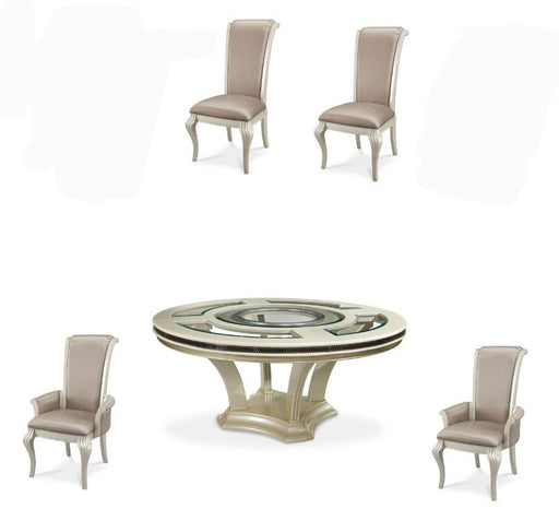 AICO Furniture - Hollywood Swank Modern 5 Piece 72" Round Glass Top Dining Table Set in Pearl Caviar - NT03001-11-5SET - GreatFurnitureDeal