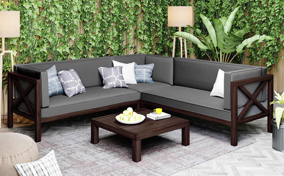 GFD Home - TOPMAX Outdoor Wood Patio Backyard 4-Piece Sectional Seating Group with Cushions and Table X-Back Sofa Set for Small Places, Brown Finish+Gray Cushions - GreatFurnitureDeal