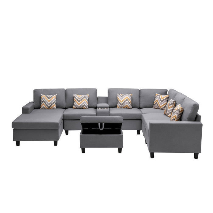 GFD Home - Nolan Gray Linen Fabric 8Pc Reversible Chaise Sectional Sofa with Interchangeable Legs, Pillows, Storage Ottoman, and a USB, Charging Ports, Cupholders, Storage Console Table - GreatFurnitureDeal