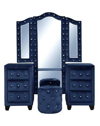 GFD Home - Tulip Queen 4 Pc Vanity Upholstery Bedroom Set Made With Wood In Blue - GreatFurnitureDeal