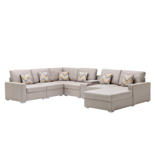 GFD Home - Nolan Beige Linen Fabric 7Pc Reversible Chaise Sectional Sofa with a USB, Charging Ports, Cupholders, Storage Console Table and Pillows and Interchangeable Legs - GreatFurnitureDeal