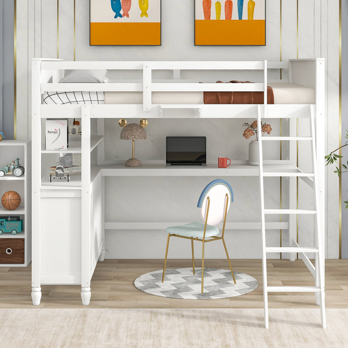 GFD Home - Full size Loft Bed with Drawers and Desk, Wooden Loft Bed with Shelves - White(OLD SKU:LT000529AAK) - GreatFurnitureDeal