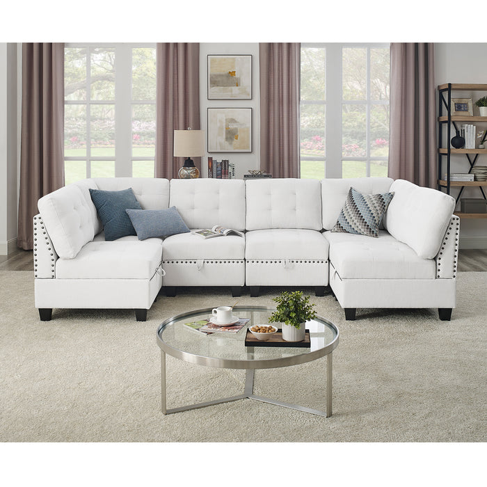 GFD Home - U shape Modular Sectional Sofa，DIY Combination，includes Four Single Chair and Two Corner，Ivory Chenille - GreatFurnitureDeal