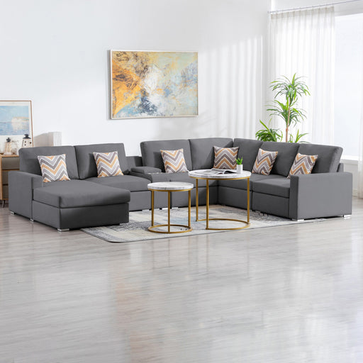 GFD Home - Nolan Gray Linen Fabric 7Pc Reversible Chaise Sectional Sofa with a USB, Charging Ports, Cupholders, Storage Console Table and Pillows and Interchangeable Legs - GreatFurnitureDeal