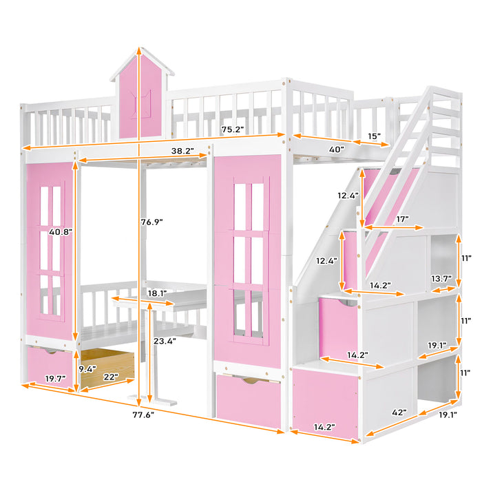 GFD Home - Twin-Over-Twin Bunk Bed with Changeable Table , Bunk Bed  Turn into Upper Bed and Down Desk with 2 Drawers - Pink - GreatFurnitureDeal