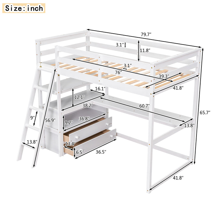 GFD Home - Twin Size Loft Bed with Desk and Shelves, Two Built-in Drawers, White (old SKU: GX000803AAK-1） - GreatFurnitureDeal