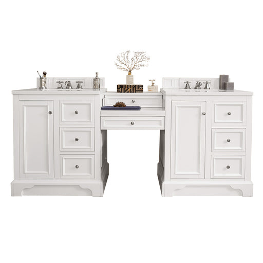 James Martin Furniture - De Soto 82" Double Vanity Set, Bright White w- Makeup Table, 3 CM Classic White Quartz Top - 825-V82-BW-DU-CLW - GreatFurnitureDeal
