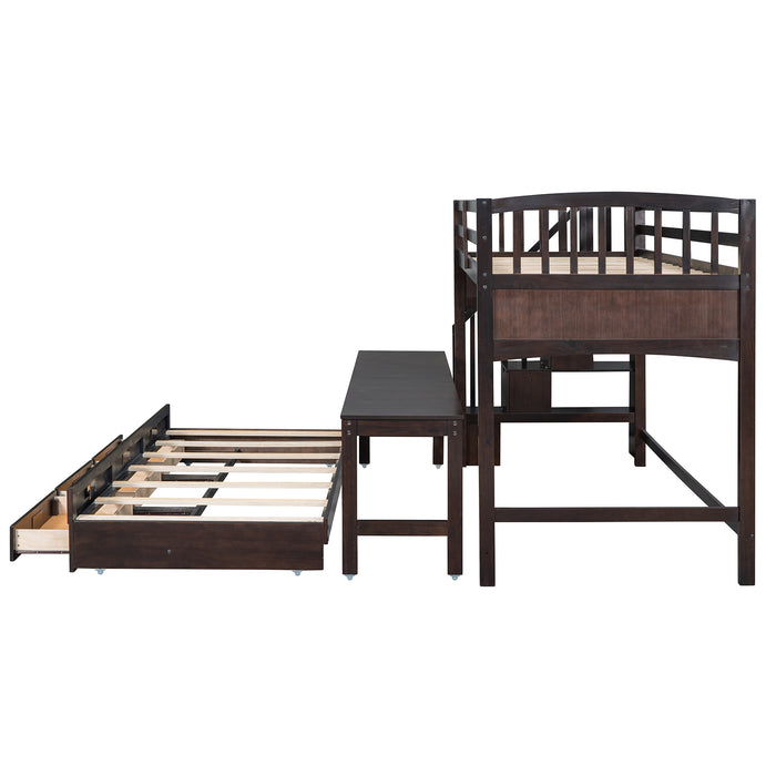 GFD Home - Stairway Twin XL Loft Bed with Twin Size Trundle and 3 Drawers, Storage, Desk, Espresso - GreatFurnitureDeal
