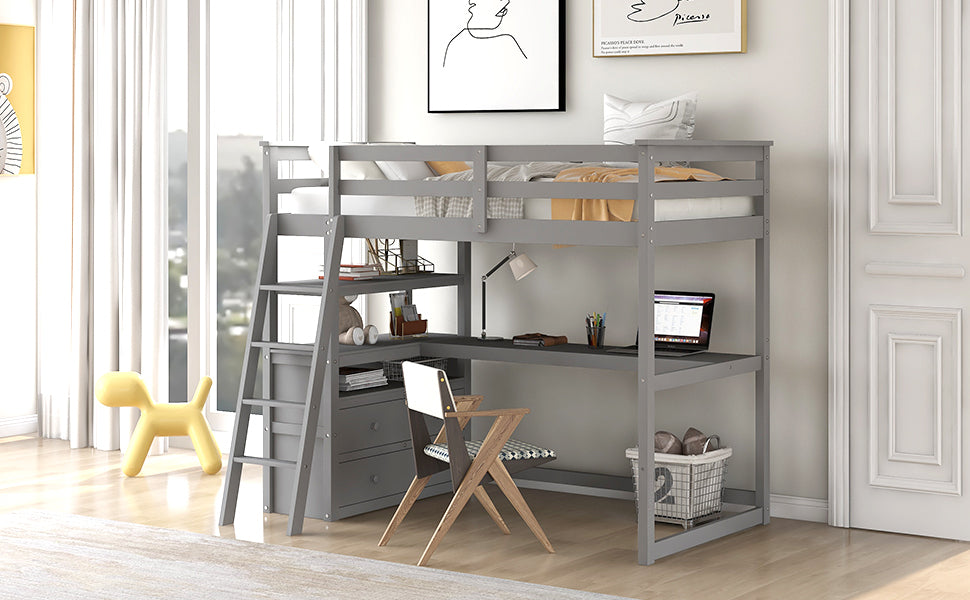 GFD Home - Twin Size Loft Bed with Desk and Shelves, Two Built-in Drawers, Gray(old SKU: GX000803AAE-1） - GreatFurnitureDeal