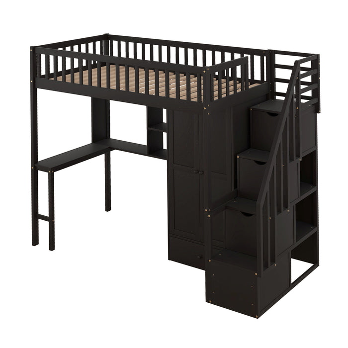 GFD Home - Twin size Loft Bed with Bookshelf,Drawers,Desk,and Wardrobe-Espresso - GreatFurnitureDeal