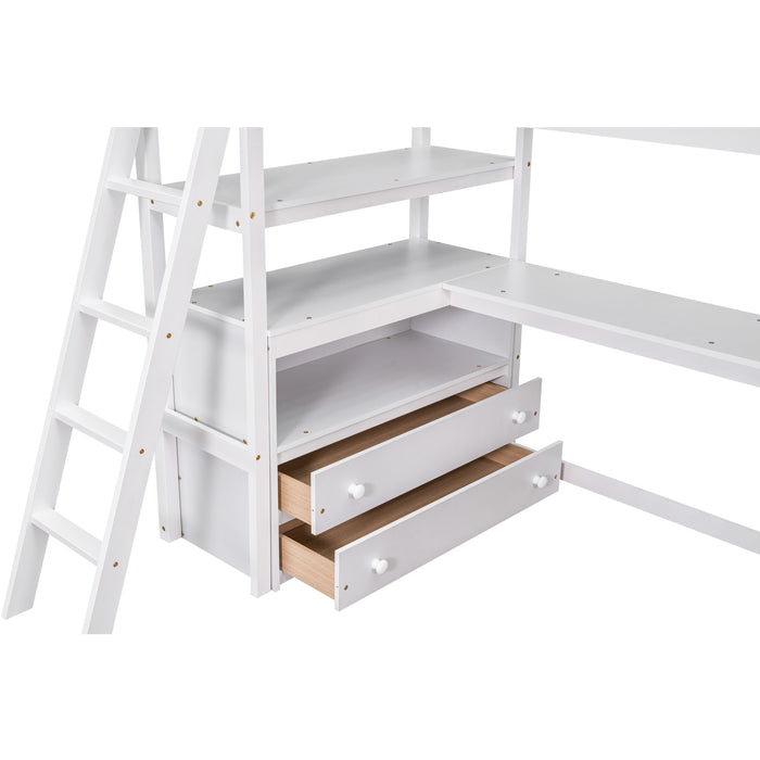 GFD Home - Twin Size Loft Bed with Desk and Shelves, Two Built-in Drawers, White (old SKU: GX000803AAK-1） - GreatFurnitureDeal