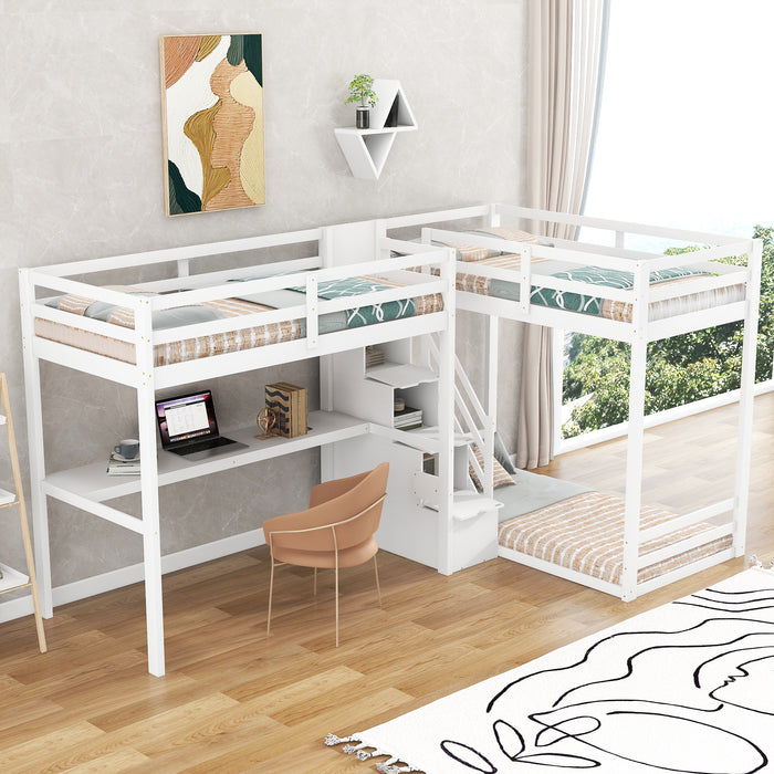 GFD Home - L-Shaped Twin Size Bunk Bed and Loft Bed with Built-in Middle Staircase and Desk, White - GreatFurnitureDeal