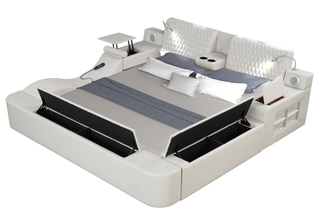 GFD Home - Zoya Smart Multifunctional Queen Size Bed Made with Wood in White - GreatFurnitureDeal