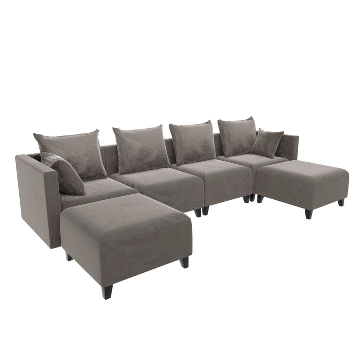 GFD Home - Sectional Sofa U Shape Module Couch Velvet 6 Pillows for Living Room, Camel - GreatFurnitureDeal