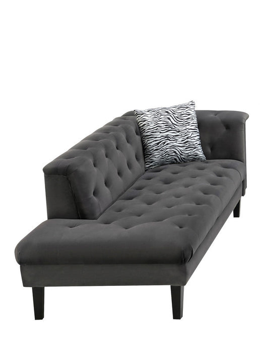 GFD Home - Mary Dark Gray Velvet Tufted Sofa Chaise Chair Ottoman Living Room Set With 6 Accent Pillows - GreatFurnitureDeal