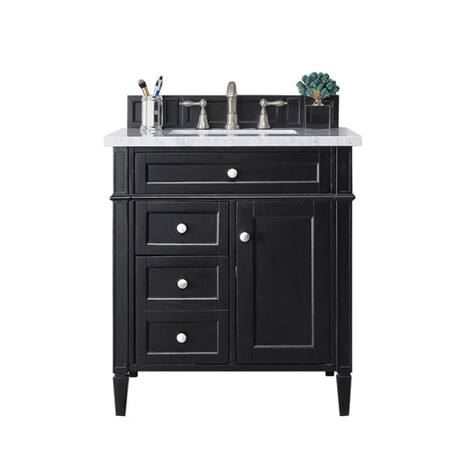 James Martin Furniture - Brittany 30" Single Vanity, Black Onyx with 3 CM Carrara Marble Top - 650-V30-BKO-3CAR - GreatFurnitureDeal