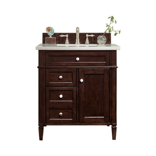 James Martin Furniture - Brittany 30" Single Vanity, Burnished Mahogany with 3 CM Arctic Fall Solid Surface Top - 650-V30-BNM-3AF - GreatFurnitureDeal