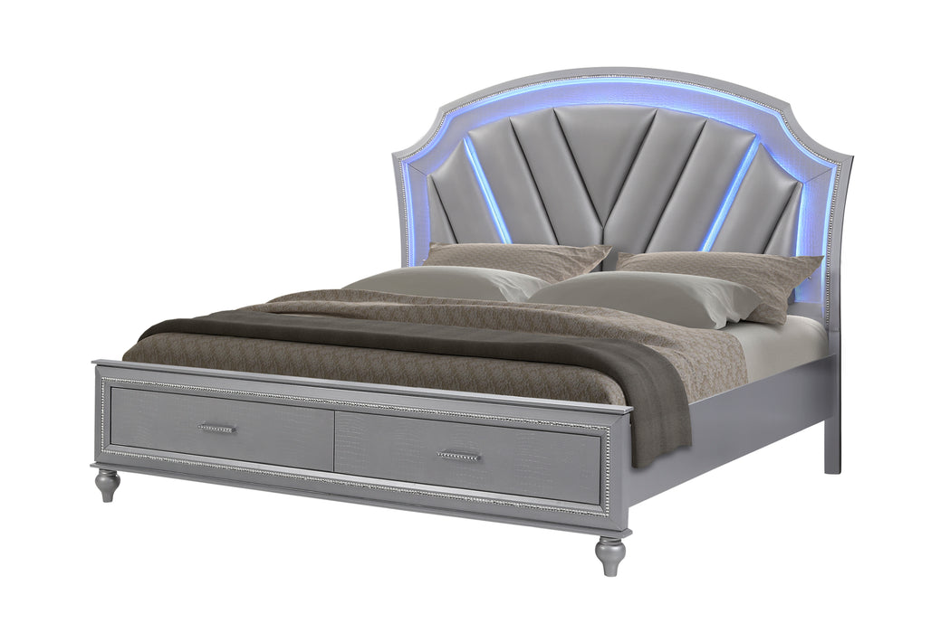 GFD Home - Rick Upholstered Low Profile Platform Amber King Silver LED Bed made with Wood - GreatFurnitureDeal