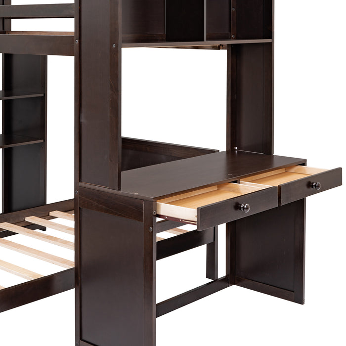 GFD Home - Twin size Loft Bed with a Stand-alone bed, Shelves,Desk,and Wardrobe-Espresso - GreatFurnitureDeal