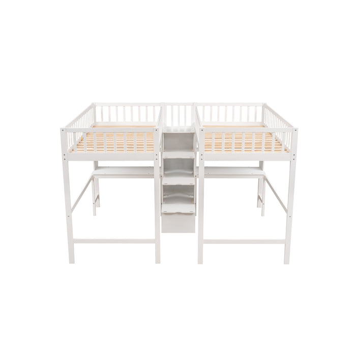 GFD Home - Twin & Twin Size Loft Bed with 2 Built-in Desks and Shelves, Storage Staircase, White - GreatFurnitureDeal