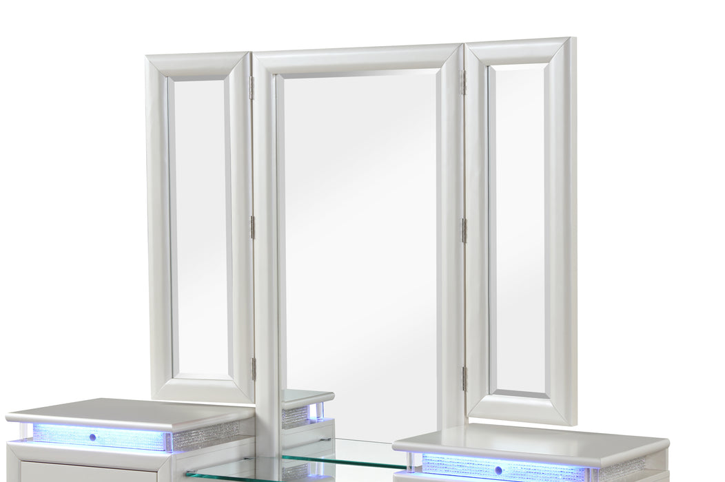 GFD Home - Passion King 5-N Pc Vanity LED Bedroom Set Made with Wood in Milky White - GreatFurnitureDeal