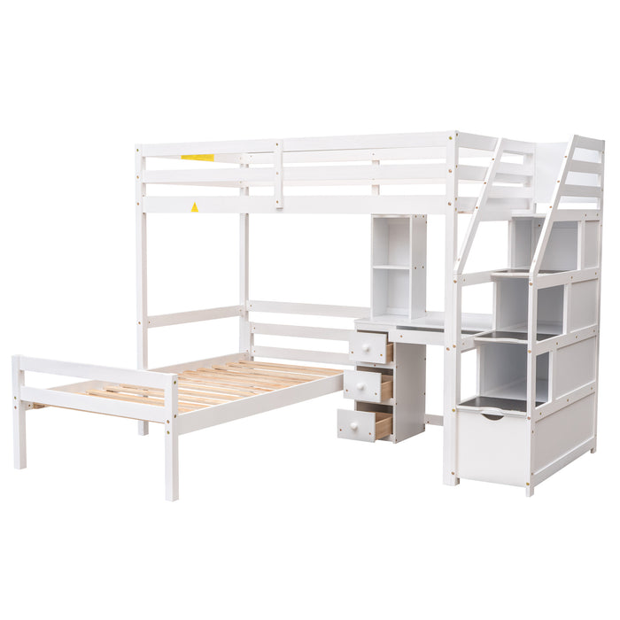 GFD Home - Twin Size Loft Bed with a Stand-alone Bed, Storage Staircase, Desk, Shelves and Drawers, White - GreatFurnitureDeal