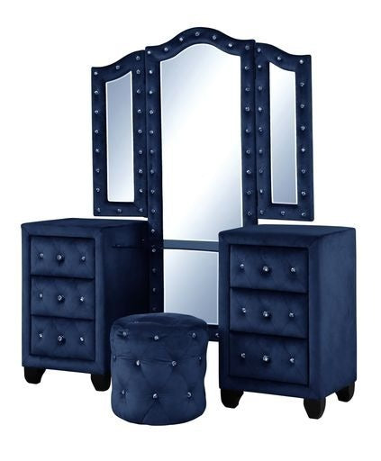 GFD Home - Tulip Queen 5 Pc Vanity Upholstery Bedroom Set Made With Wood In Blue - GreatFurnitureDeal