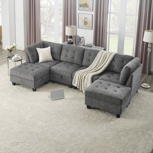 GFD Home - U shape Modular Sectional Sofa，DIY Combination，includes Two Single Chair ，Two Corner and Two Ottoman，Grey Chenille - GreatFurnitureDeal