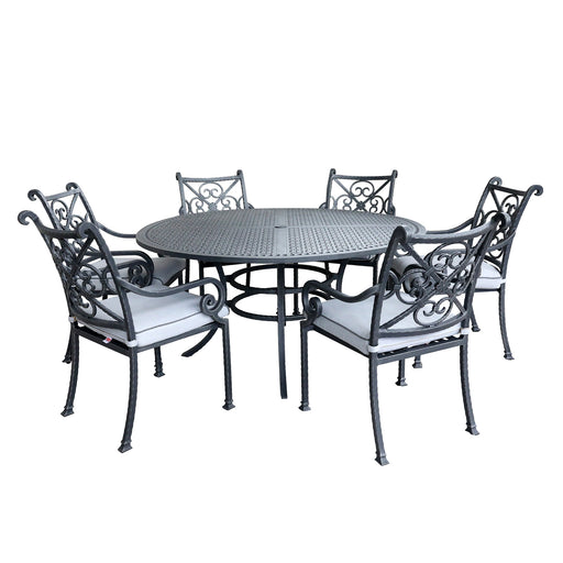 GFD Home - Outdoor Aluminum 7-Piece Round Dining Set With 6 Arm Chairs, Blue - GreatFurnitureDeal
