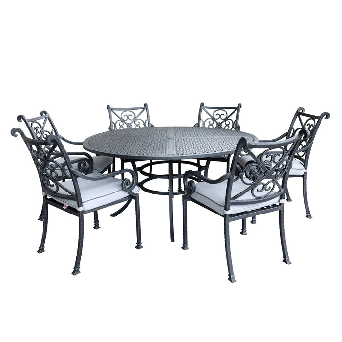 GFD Home - Outdoor Aluminum 7-Piece Round Dining Set With 6 Arm Chairs, Blue - GreatFurnitureDeal