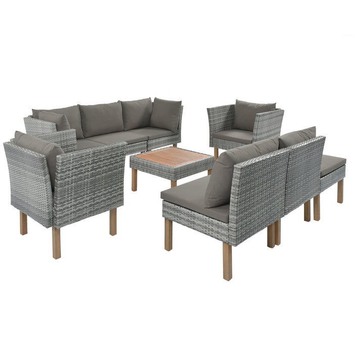 GFD Home - GO 9-Piece Outdoor Patio Garden Wicker Sofa Set, Gray PE Rattan Sofa Set, with Wood Legs, Acacia Wood Tabletop, Armrest Chairs with Gray Cushions - GreatFurnitureDeal