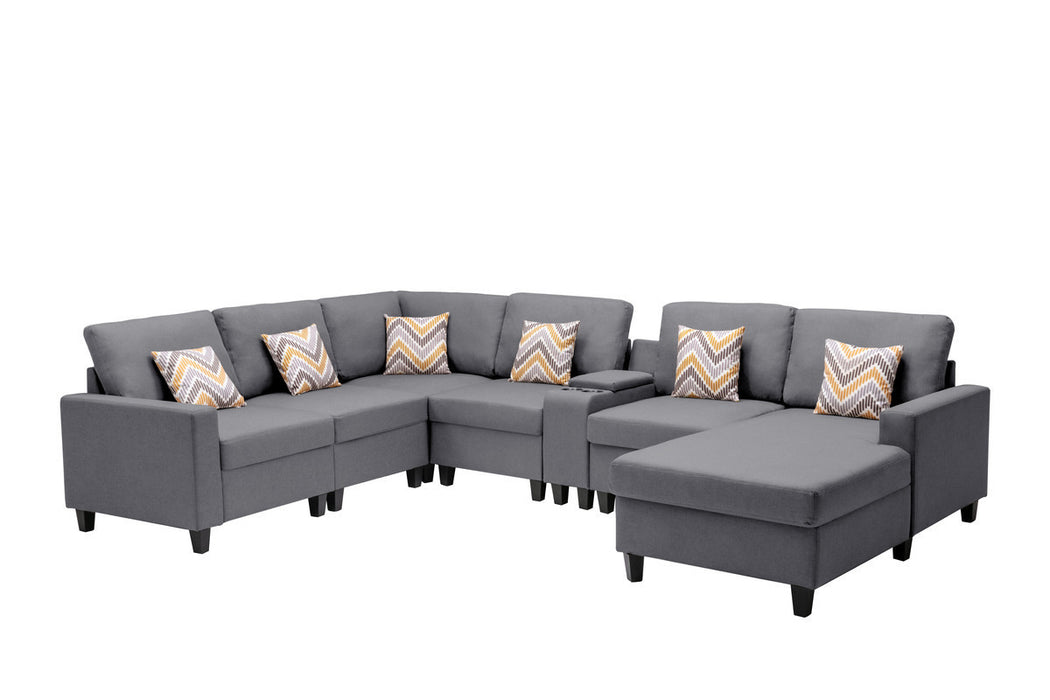 GFD Home - Nolan Gray Linen Fabric 7Pc Reversible Chaise Sectional Sofa with a USB, Charging Ports, Cupholders, Storage Console Table and Pillows and Interchangeable Legs - GreatFurnitureDeal
