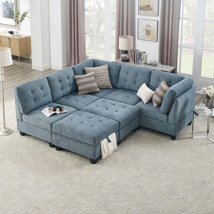 GFD Home - L shape Modular Sectional Sofa，DIY Combination，includes Three Single Chair ，Two Corner and Two Ottoman，Navy Blue - GreatFurnitureDeal